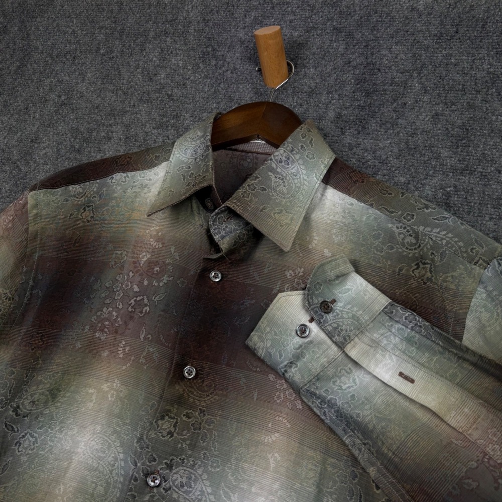 Bugatchi Uomo Button Down Shirt Mens L Brown Green Paisley Ombre Shaped Fit